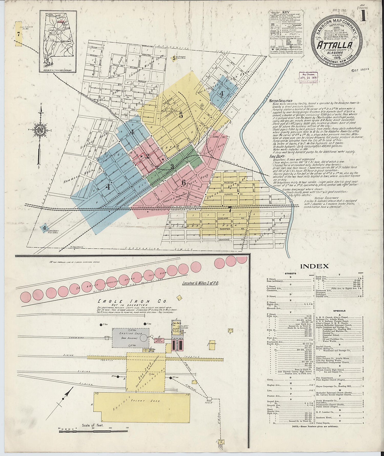 This old map of Attalla, Etowah County, Alabama was created by Sanborn Map Company in 1915