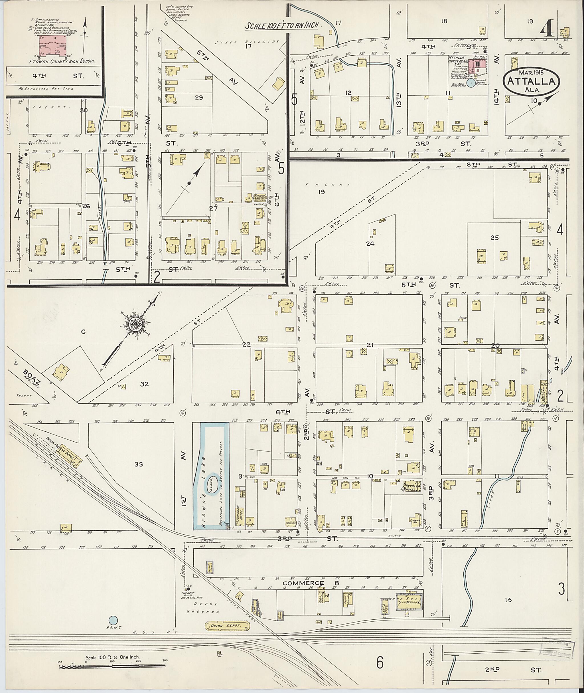 This old map of Attalla, Etowah County, Alabama was created by Sanborn Map Company in 1915