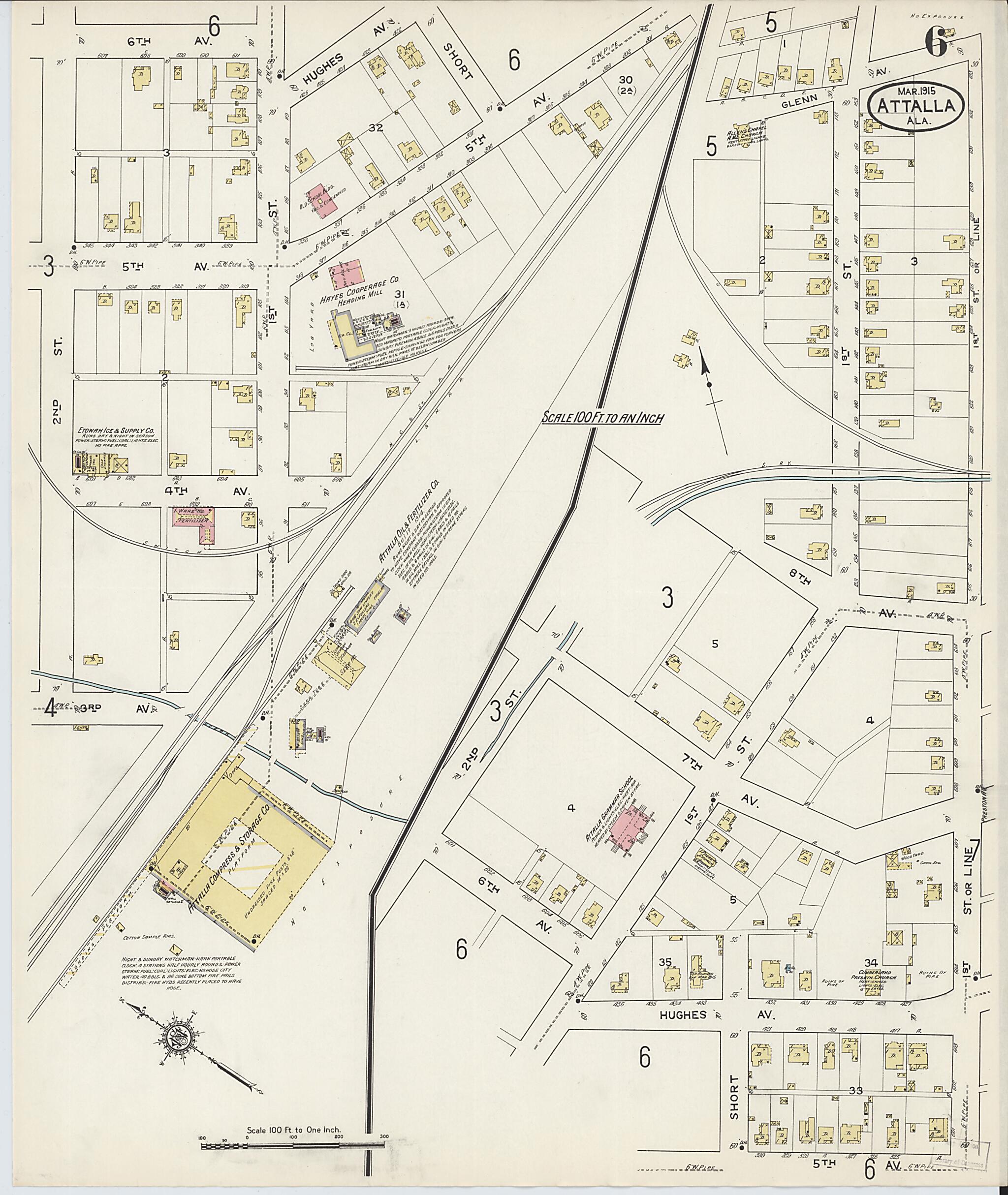 This old map of Attalla, Etowah County, Alabama was created by Sanborn Map Company in 1915