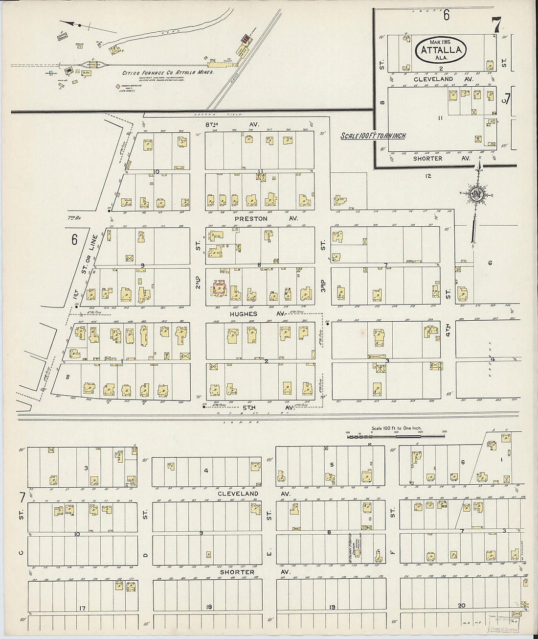 This old map of Attalla, Etowah County, Alabama was created by Sanborn Map Company in 1915