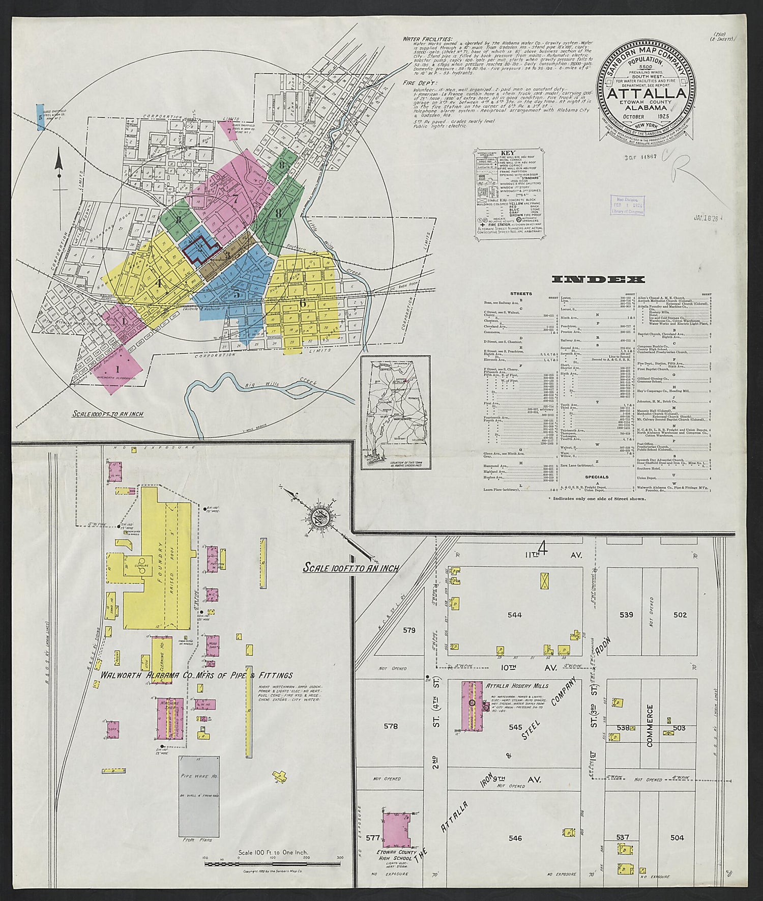 This old map of Attalla, Etowah County, Alabama was created by Sanborn Map Company in 1925