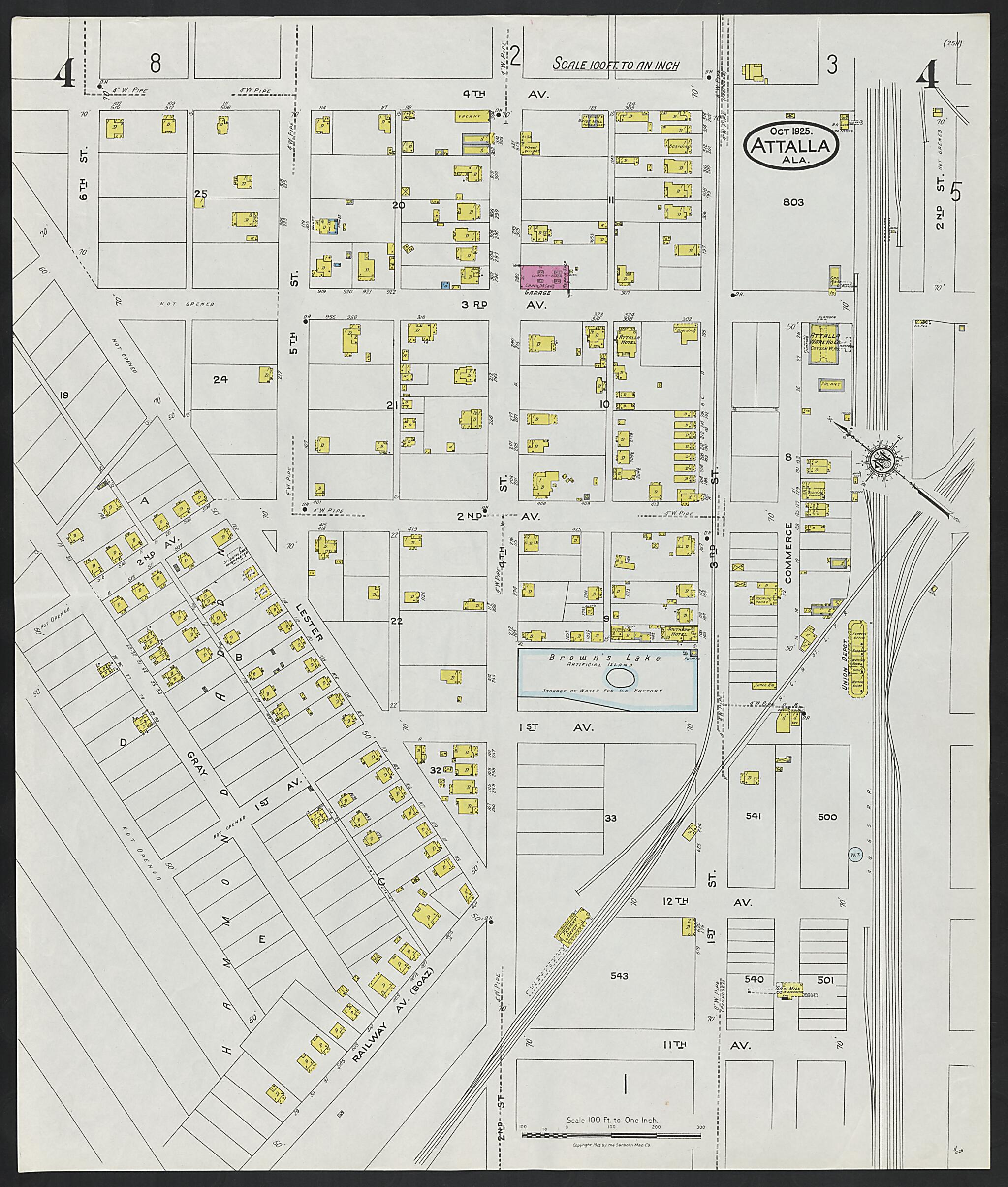 This old map of Attalla, Etowah County, Alabama was created by Sanborn Map Company in 1925