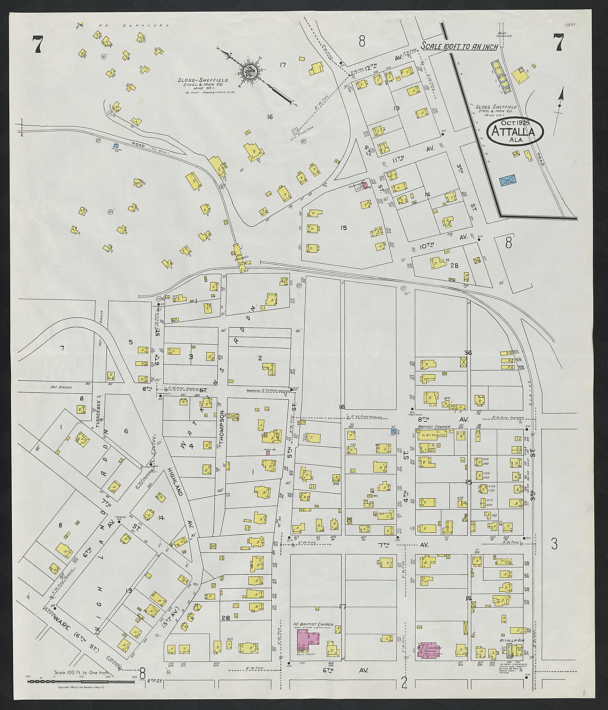 This old map of Attalla, Etowah County, Alabama was created by Sanborn Map Company in 1925