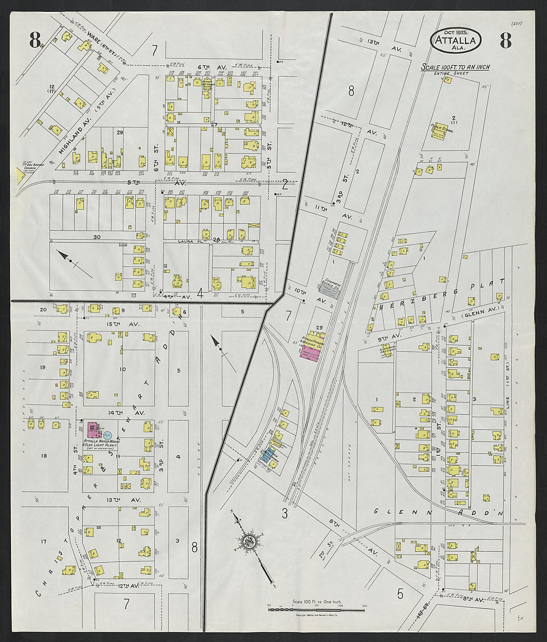 This old map of Attalla, Etowah County, Alabama was created by Sanborn Map Company in 1925