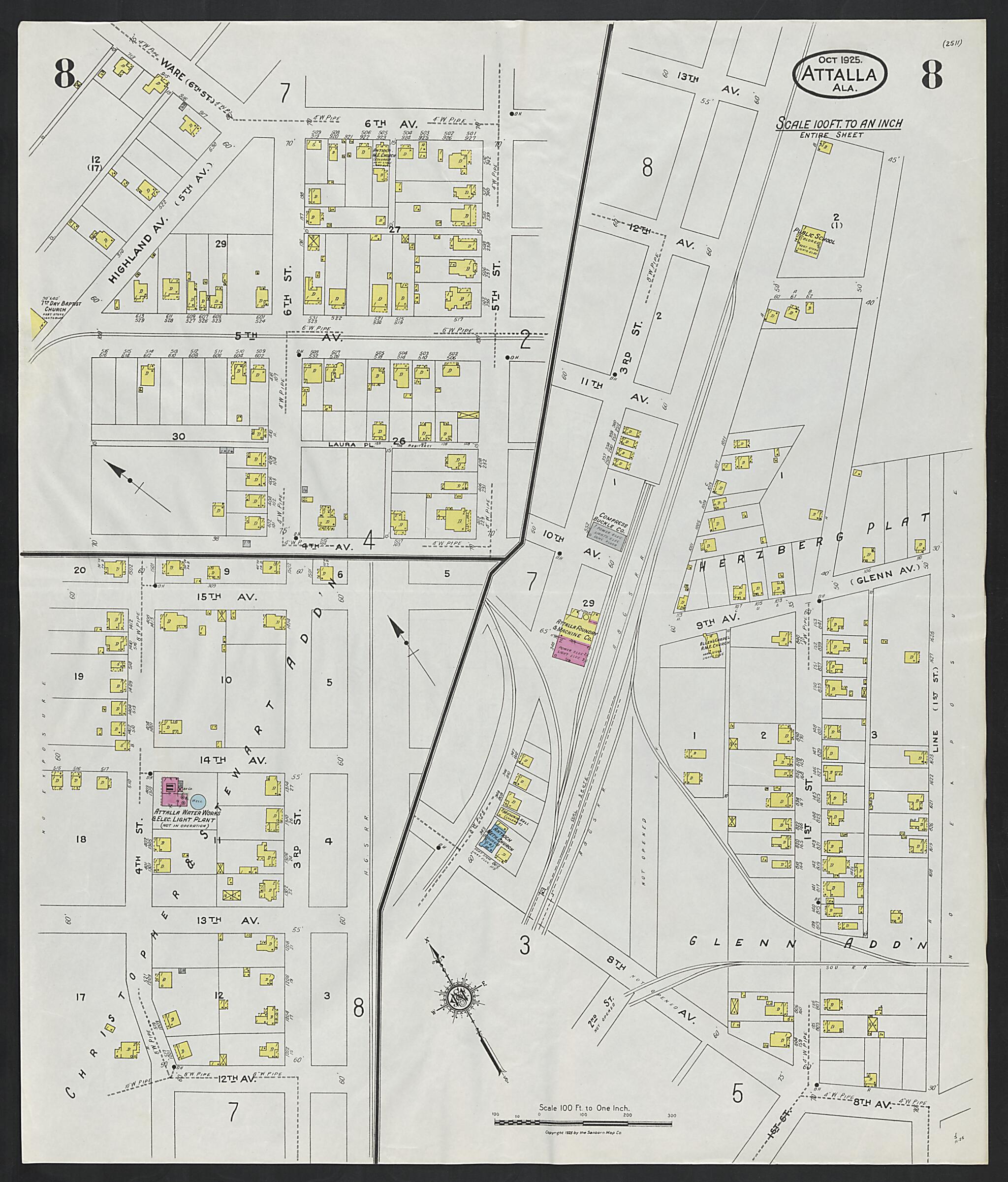 This old map of Attalla, Etowah County, Alabama was created by Sanborn Map Company in 1925