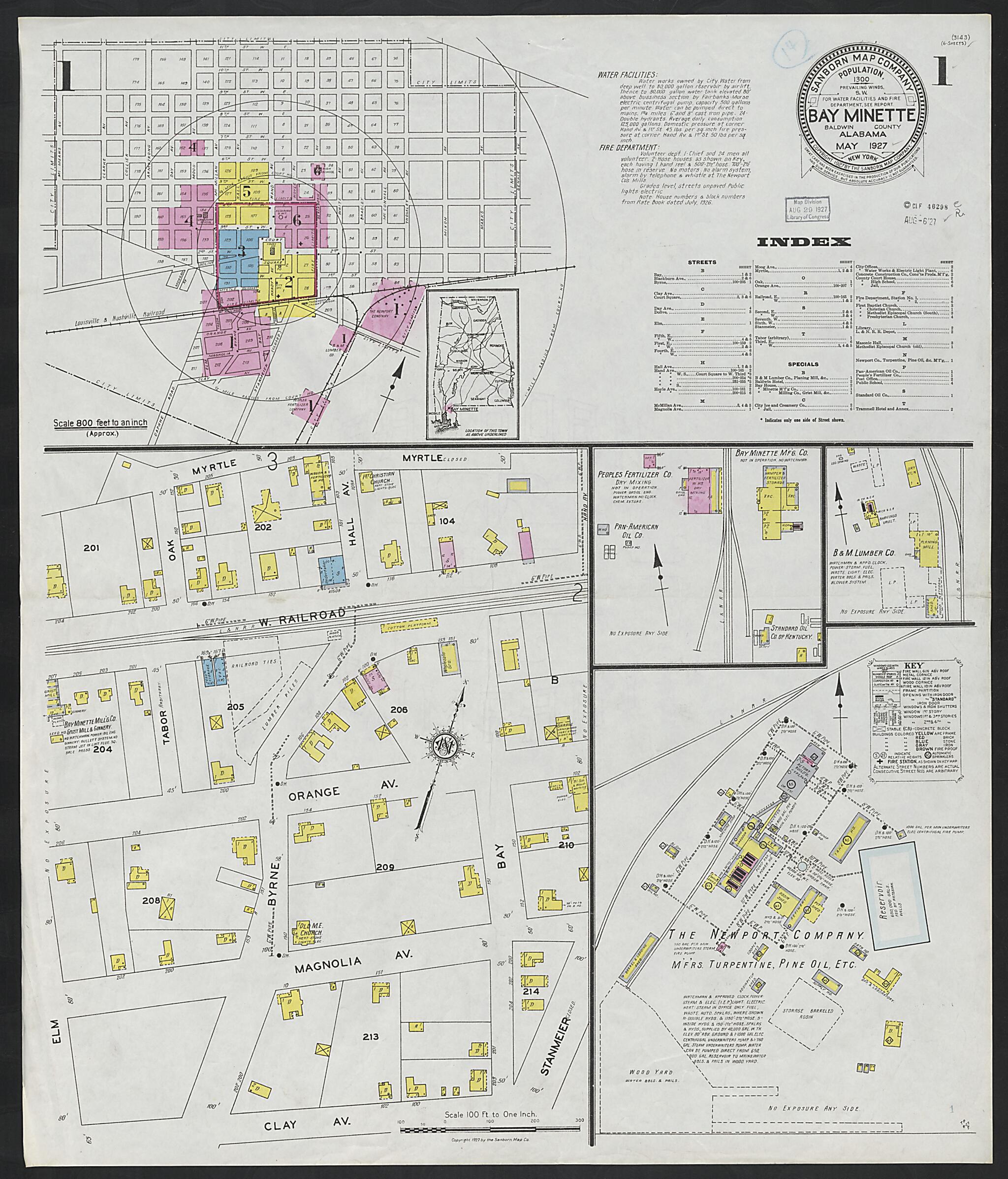 This old map of Bay Minette, Baldwin County, Alabama was created by Sanborn Map Company in 1927