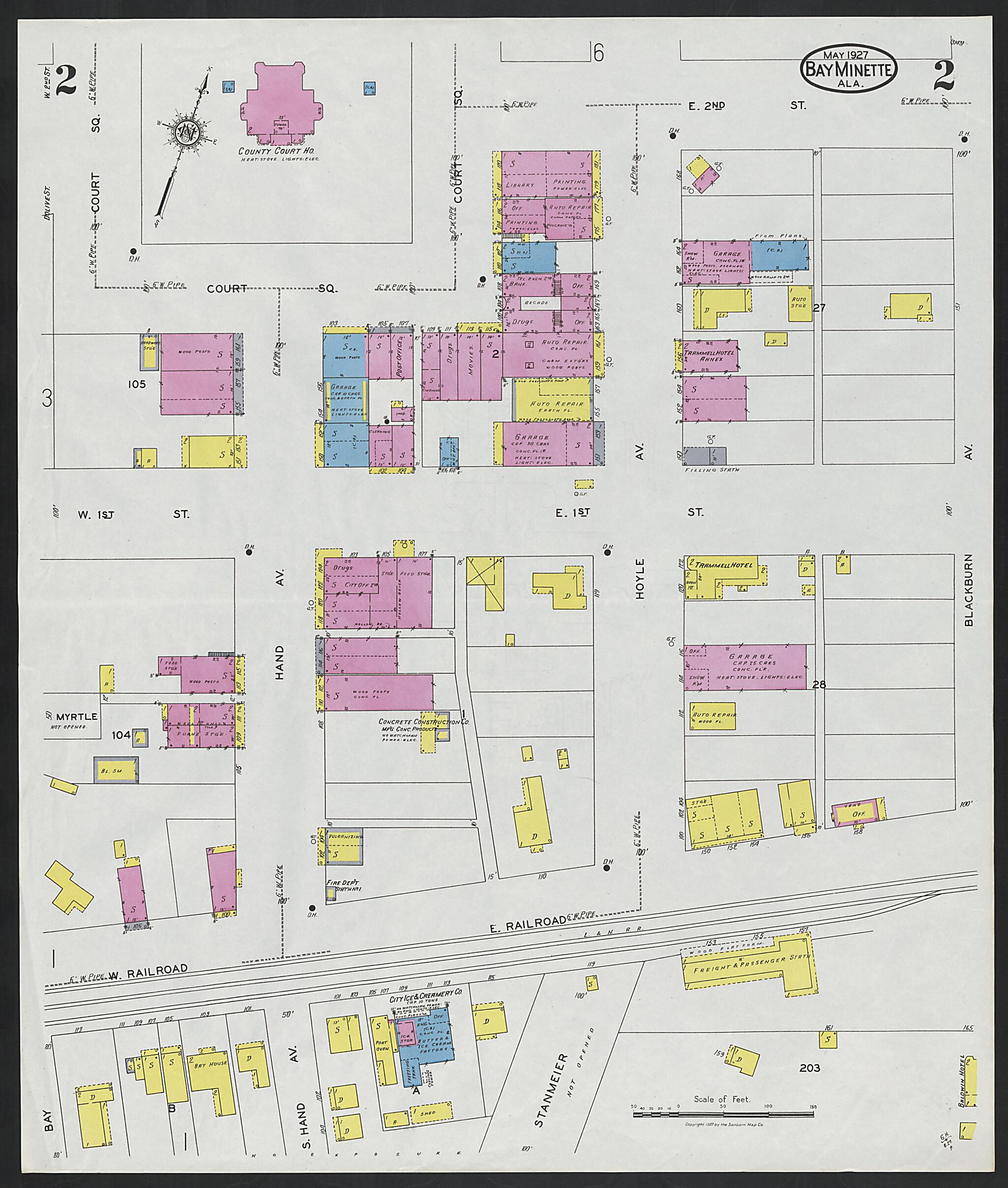 This old map of Bay Minette, Baldwin County, Alabama was created by Sanborn Map Company in 1927