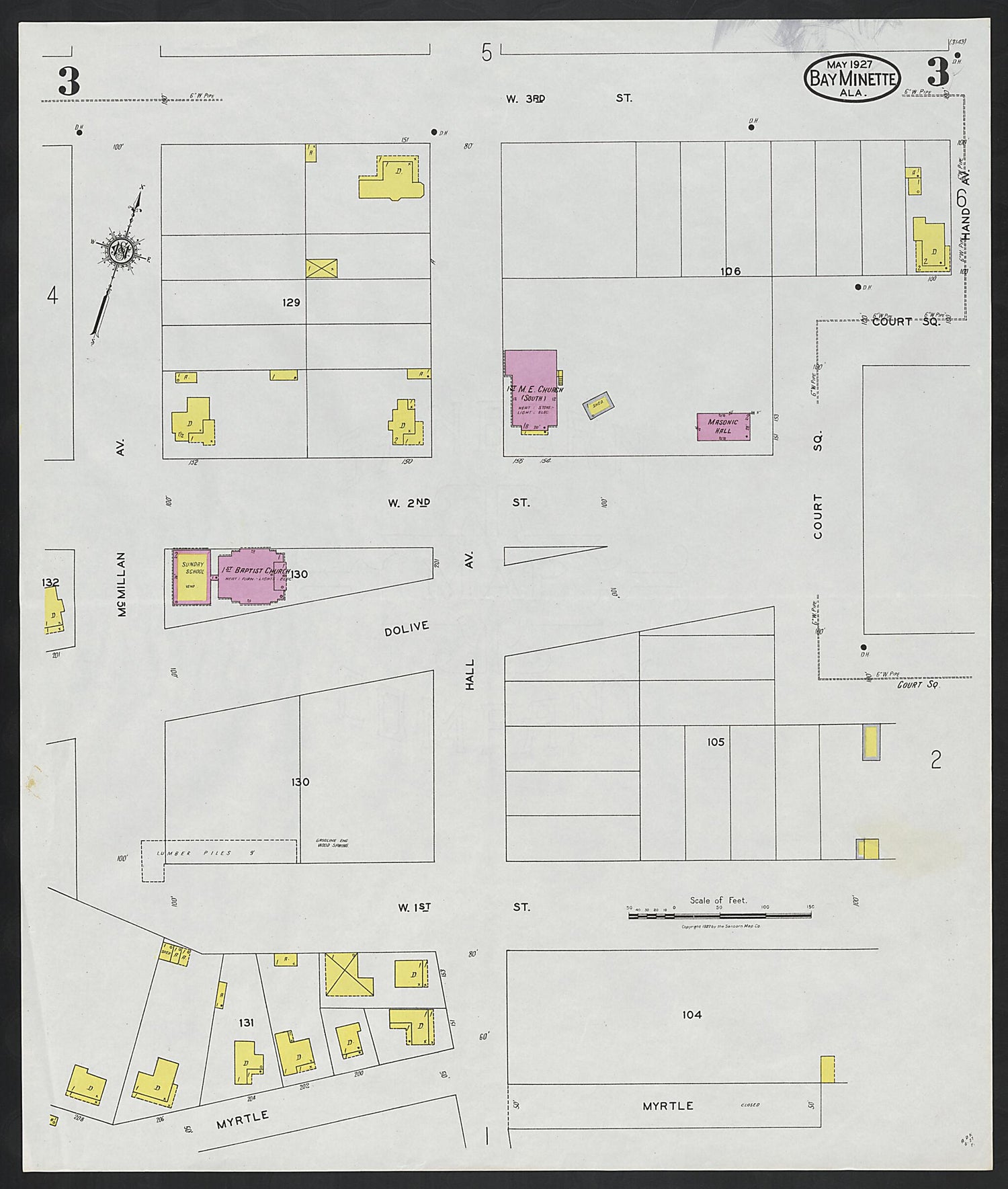 This old map of Bay Minette, Baldwin County, Alabama was created by Sanborn Map Company in 1927