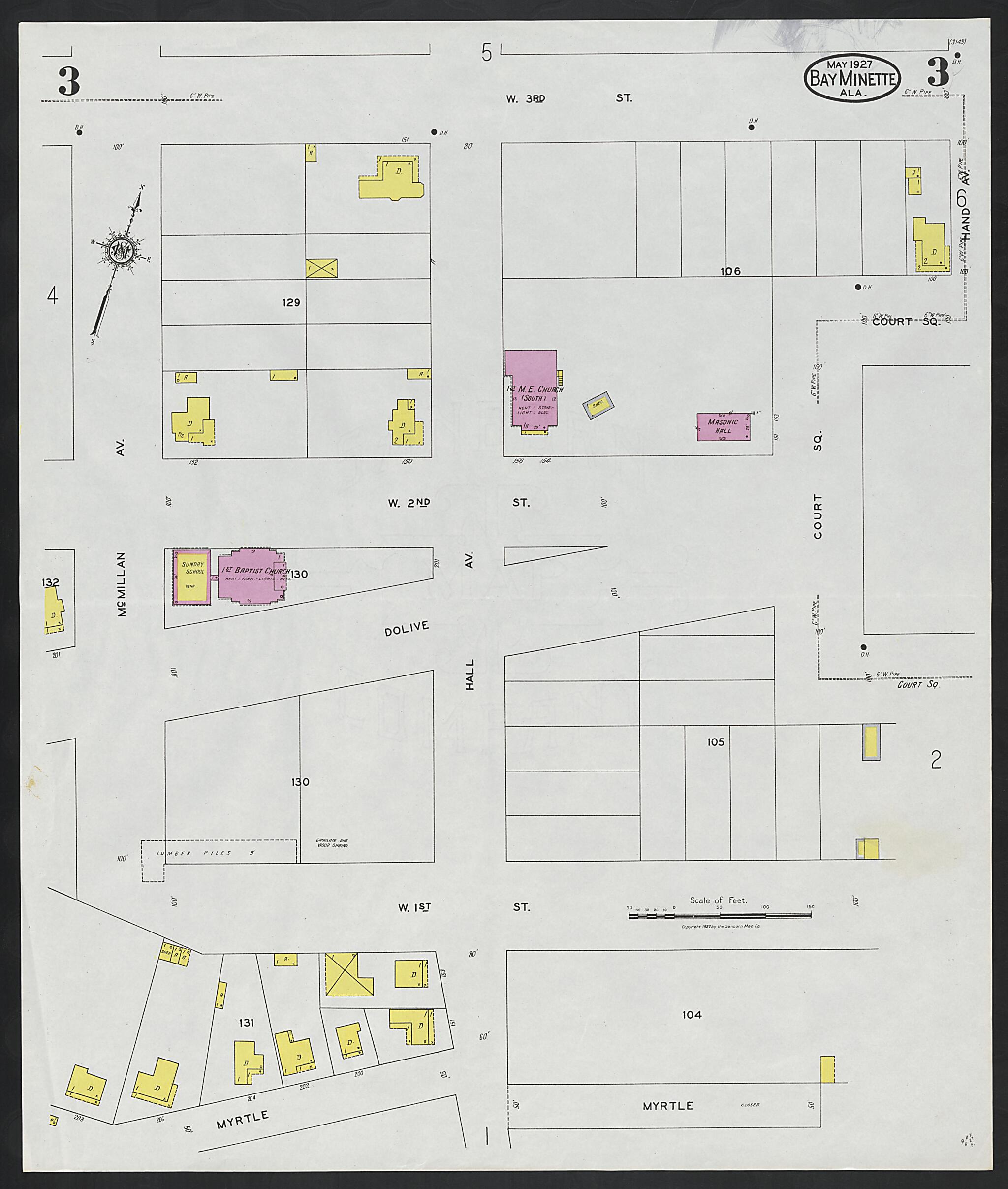 This old map of Bay Minette, Baldwin County, Alabama was created by Sanborn Map Company in 1927