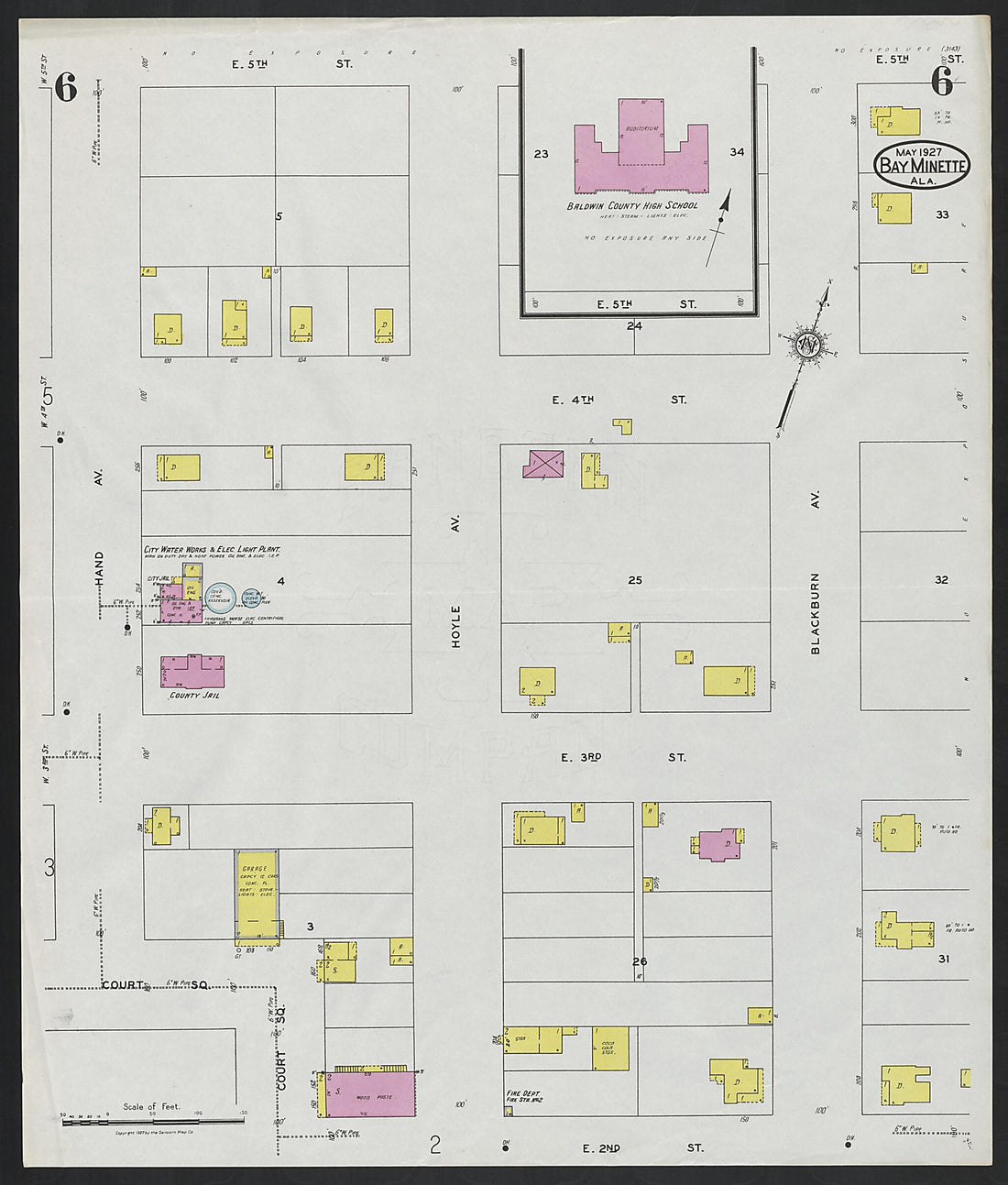 This old map of Bay Minette, Baldwin County, Alabama was created by Sanborn Map Company in 1927