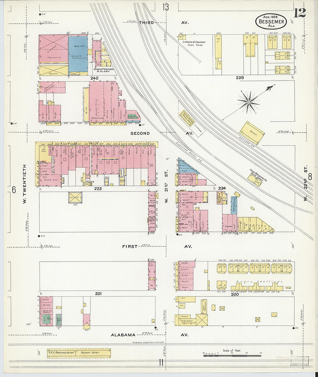 This old map of Bessemer, Jefferson County, Alabama was created by Sanborn Map Company in 1908