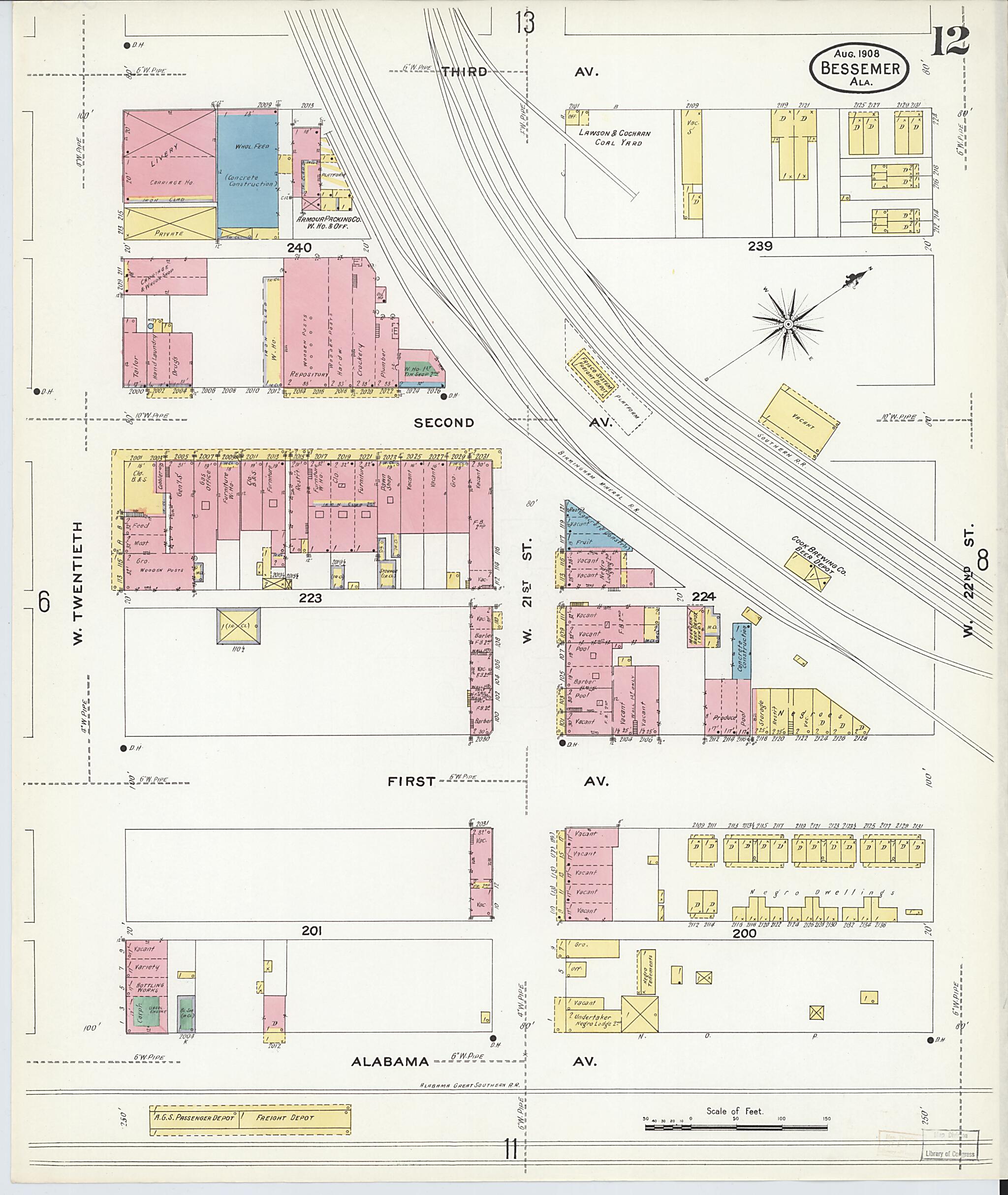 This old map of Bessemer, Jefferson County, Alabama was created by Sanborn Map Company in 1908