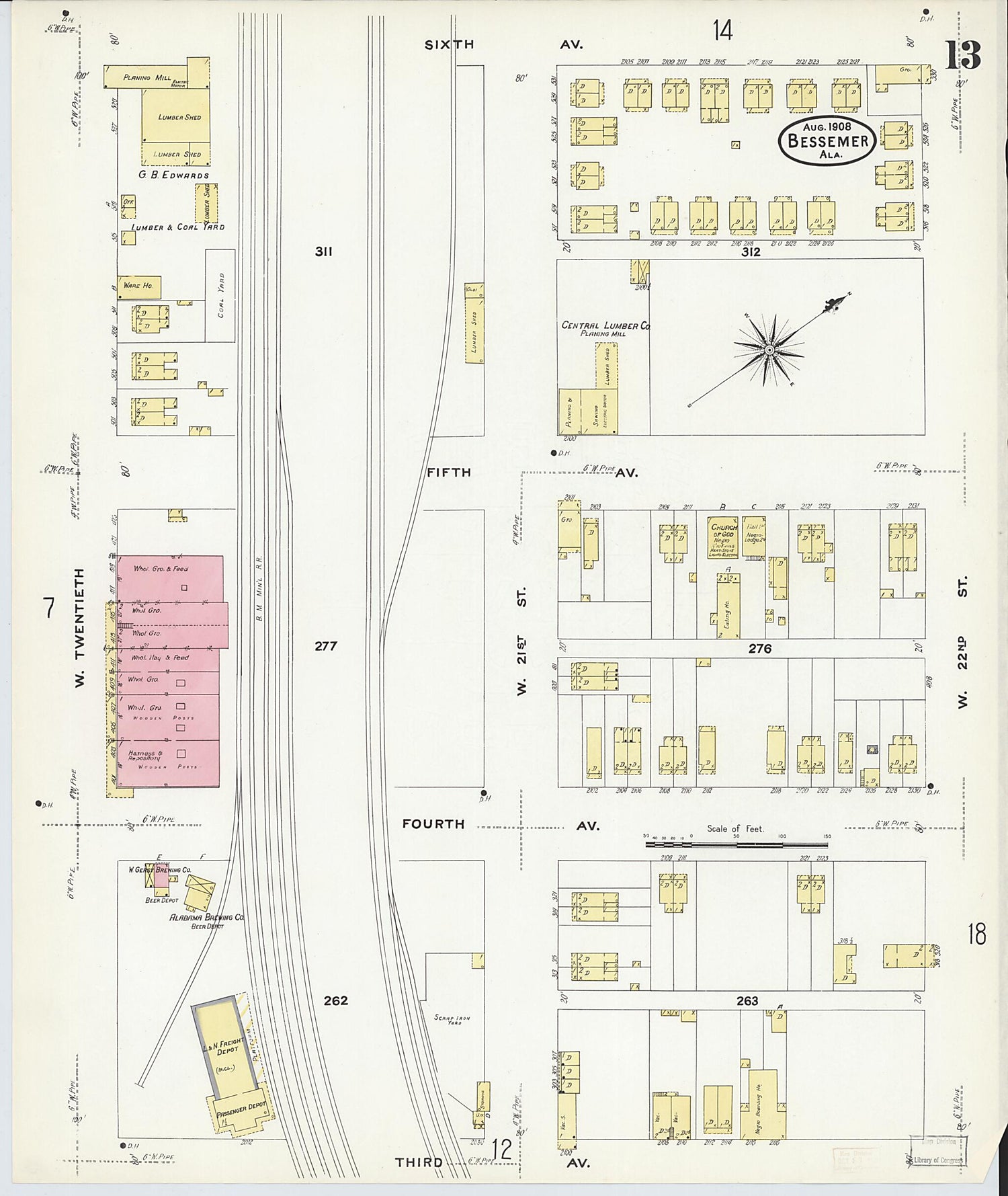 This old map of Bessemer, Jefferson County, Alabama was created by Sanborn Map Company in 1908