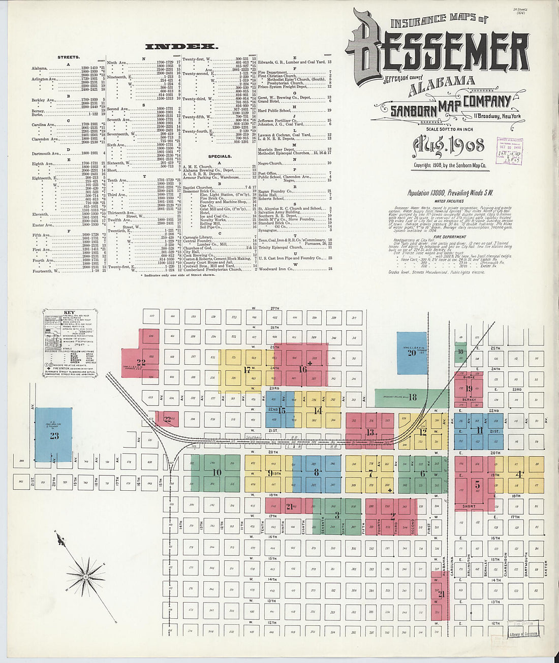 This old map of Bessemer, Jefferson County, Alabama was created by Sanborn Map Company in 1908