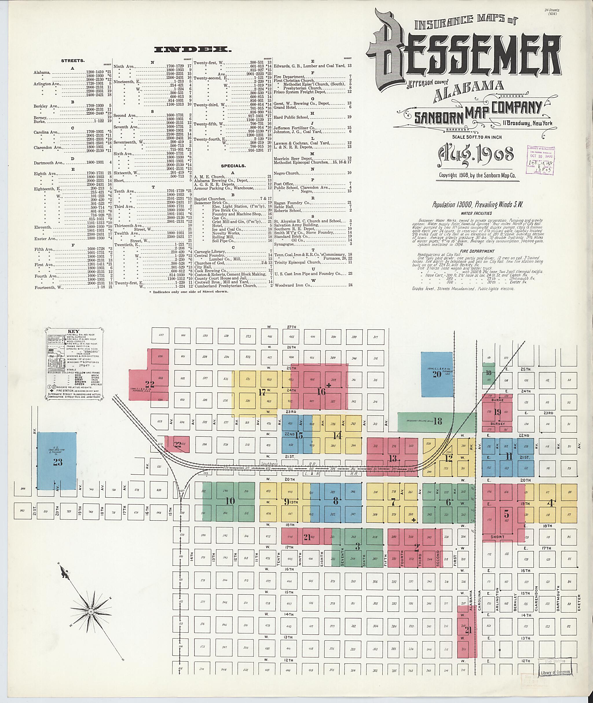 This old map of Bessemer, Jefferson County, Alabama was created by Sanborn Map Company in 1908