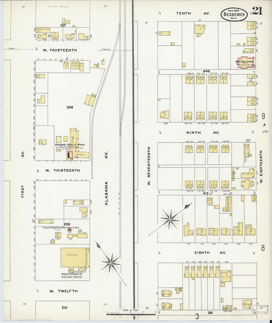 This old map of Bessemer, Jefferson County, Alabama was created by Sanborn Map Company in 1908