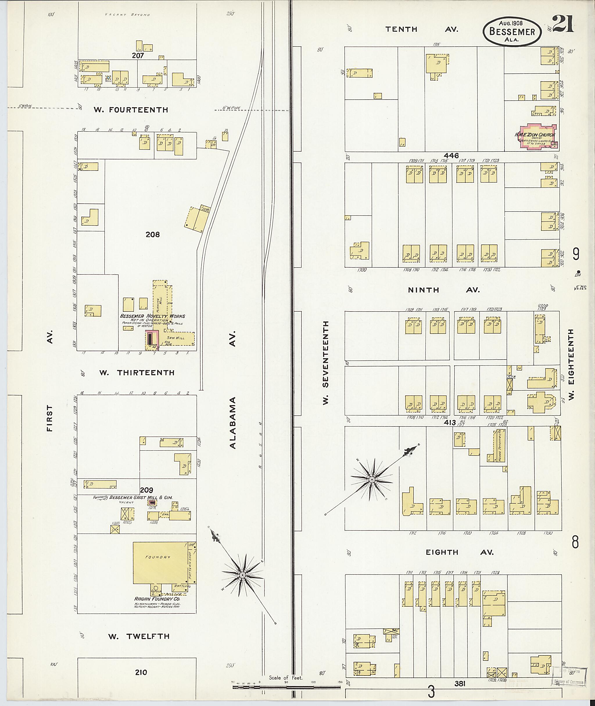 This old map of Bessemer, Jefferson County, Alabama was created by Sanborn Map Company in 1908