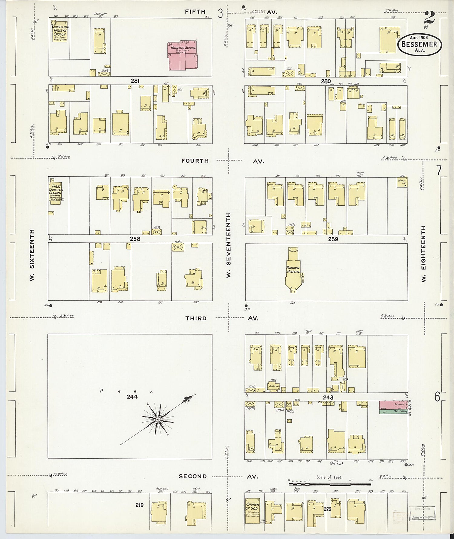 This old map of Bessemer, Jefferson County, Alabama was created by Sanborn Map Company in 1908