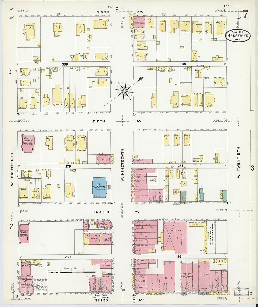 This old map of Bessemer, Jefferson County, Alabama was created by Sanborn Map Company in 1908