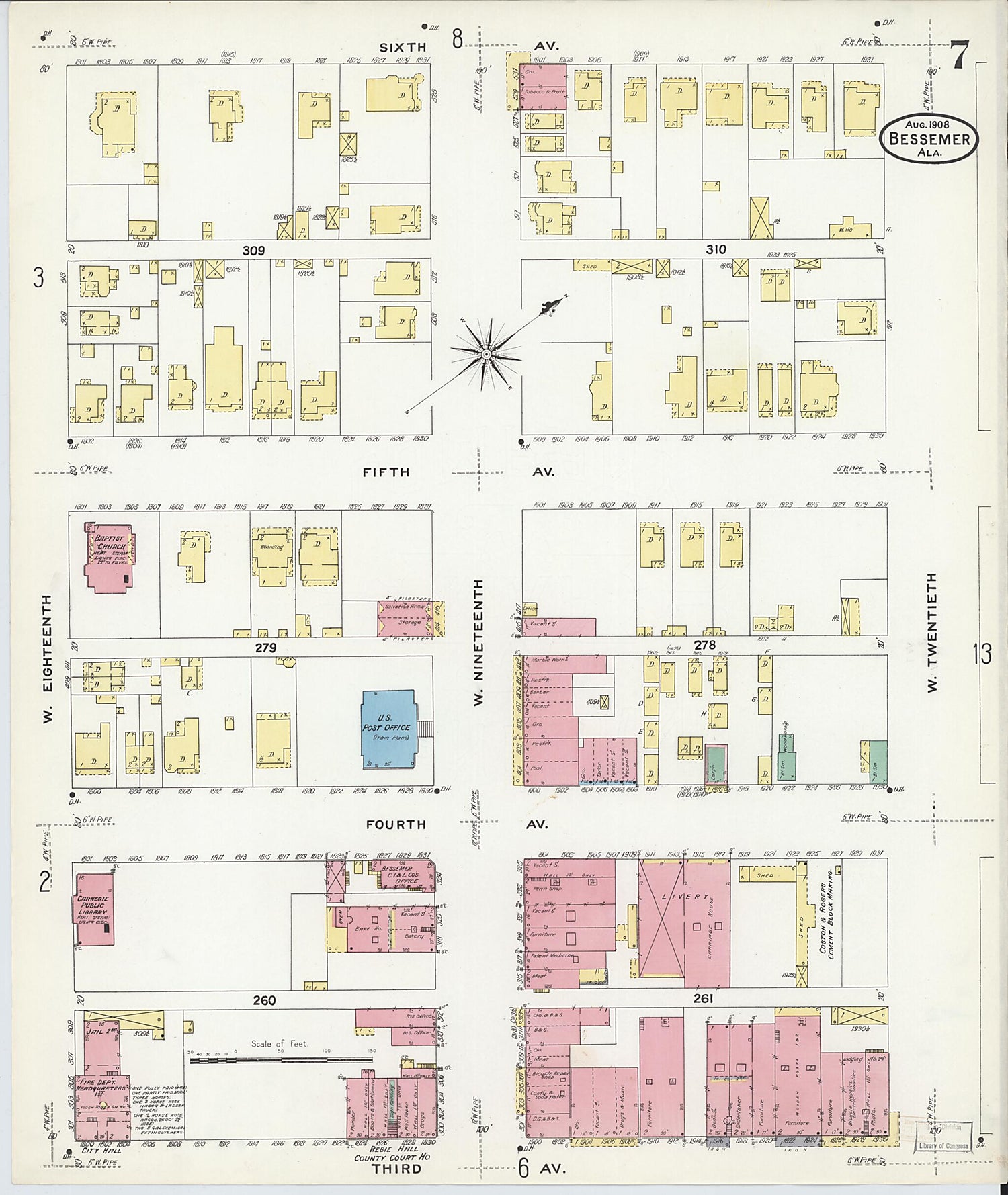 This old map of Bessemer, Jefferson County, Alabama was created by Sanborn Map Company in 1908