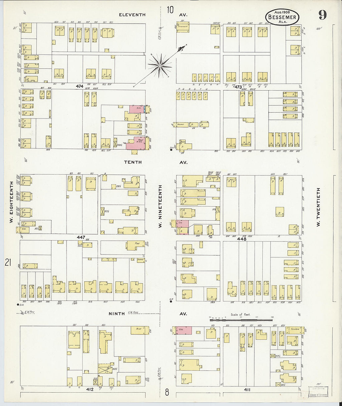 This old map of Bessemer, Jefferson County, Alabama was created by Sanborn Map Company in 1908