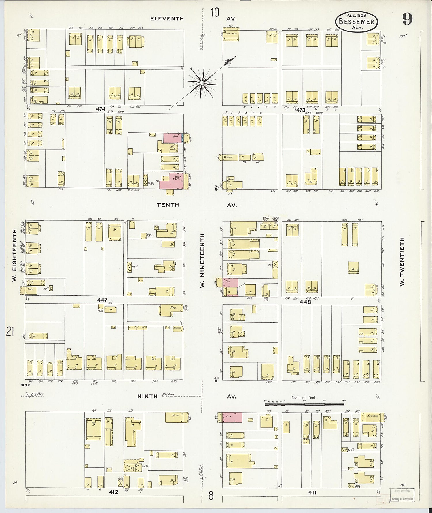 This old map of Bessemer, Jefferson County, Alabama was created by Sanborn Map Company in 1908