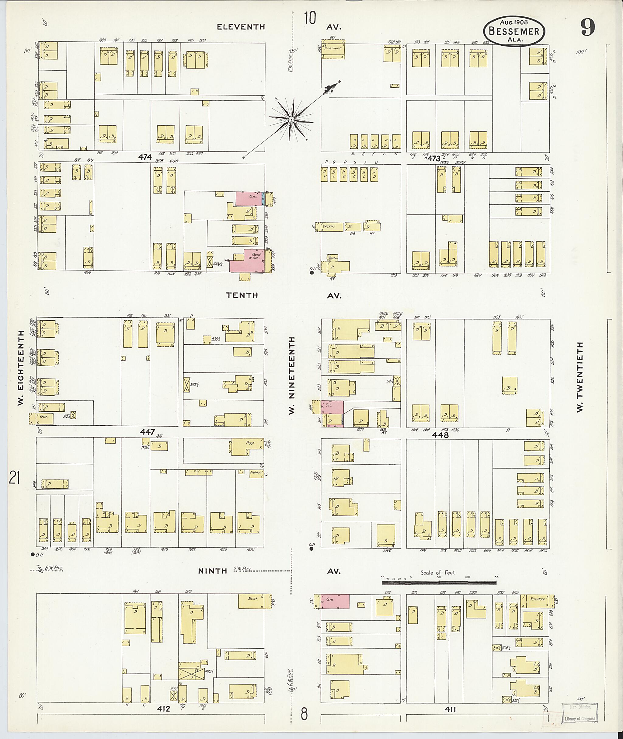 This old map of Bessemer, Jefferson County, Alabama was created by Sanborn Map Company in 1908