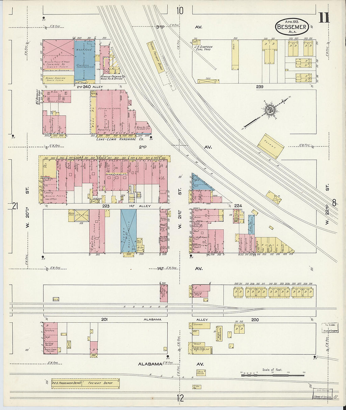 This old map of Bessemer, Jefferson County, Alabama was created by Sanborn Map Company in 1913