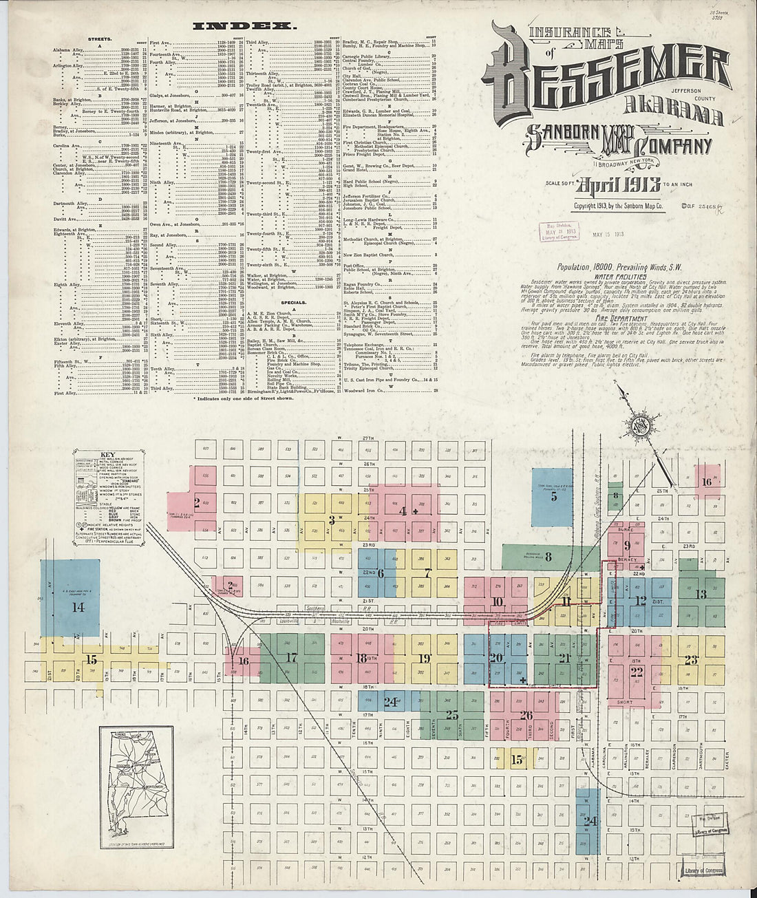 This old map of Bessemer, Jefferson County, Alabama was created by Sanborn Map Company in 1913