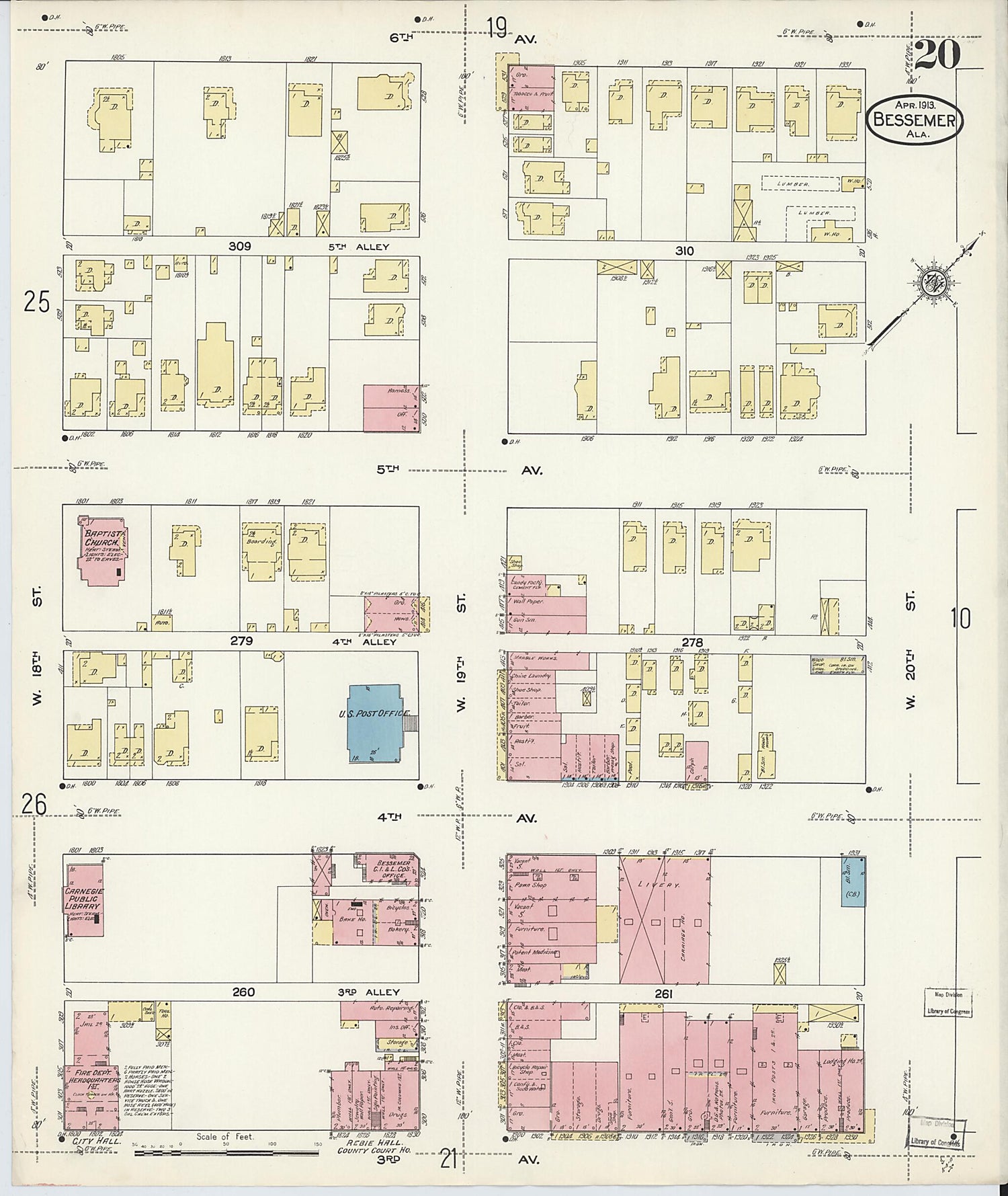 This old map of Bessemer, Jefferson County, Alabama was created by Sanborn Map Company in 1913