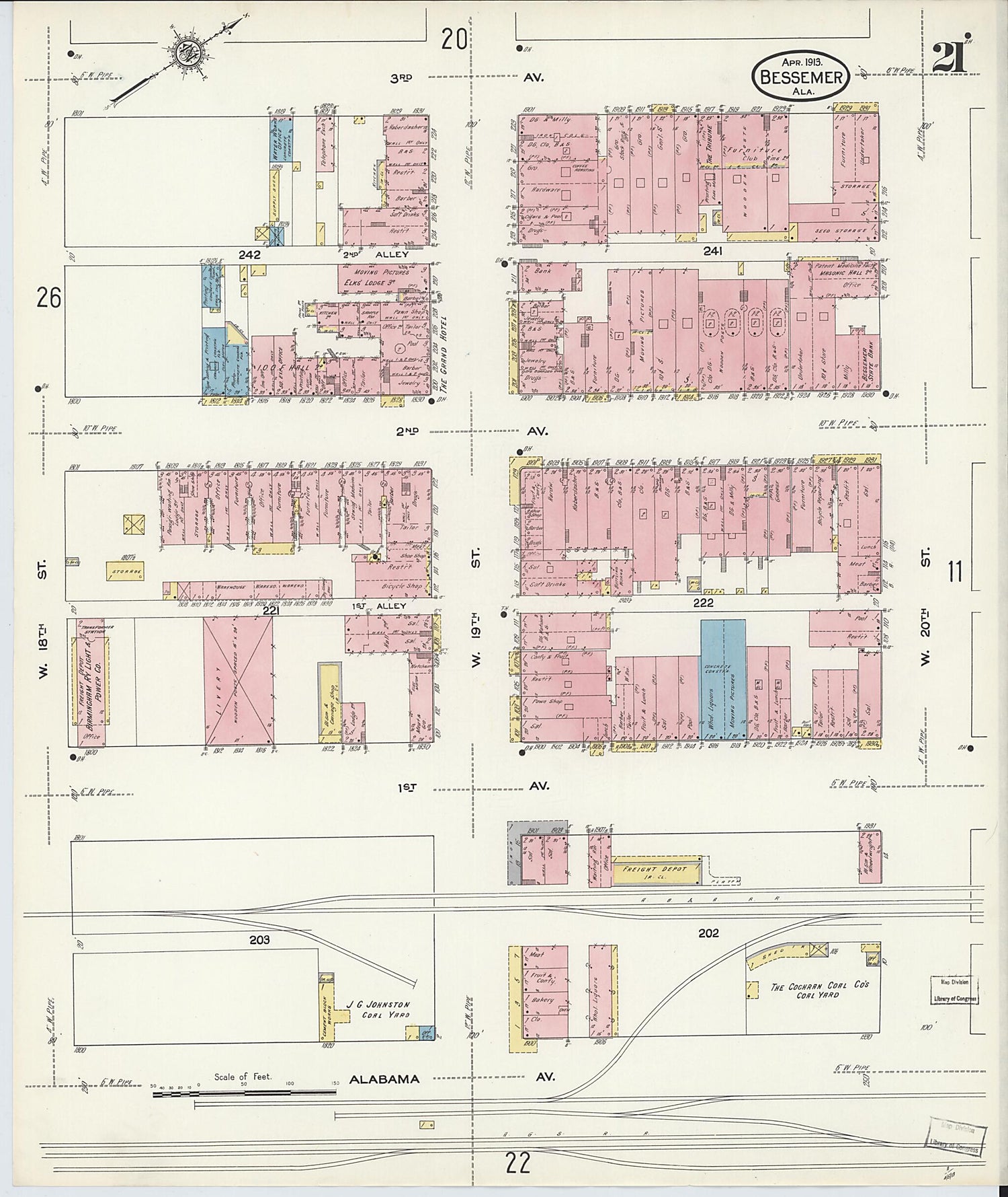 This old map of Bessemer, Jefferson County, Alabama was created by Sanborn Map Company in 1913