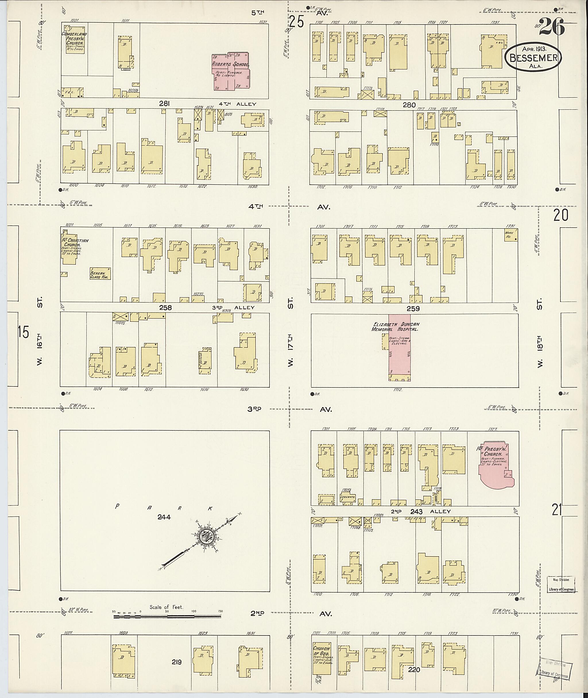 This old map of Bessemer, Jefferson County, Alabama was created by Sanborn Map Company in 1913