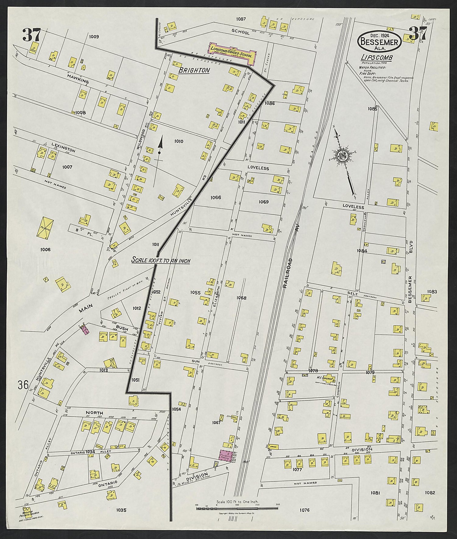 This old map of Lipscomb, Jefferson County, Alabama was created by Sanborn Map Company in 1924