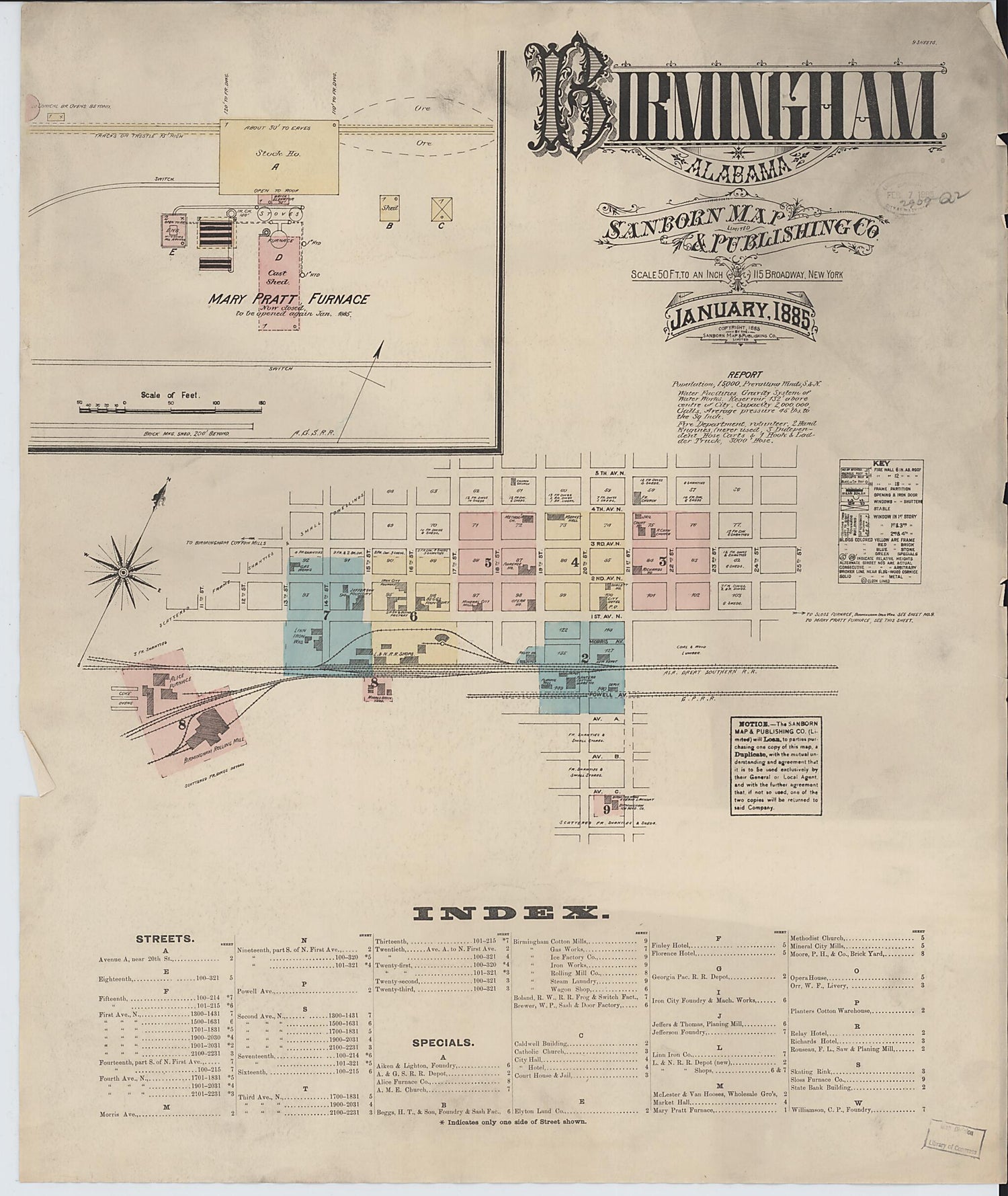 This old map of Birmingham, Jefferson County, Alabama was created by Sanborn Map Company in 1885