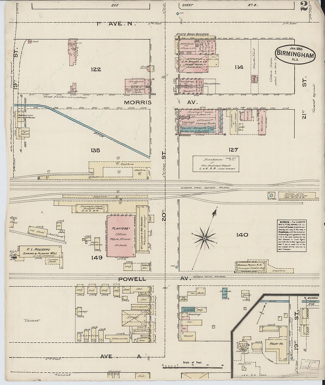 This old map of Birmingham, Jefferson County, Alabama was created by Sanborn Map Company in 1885