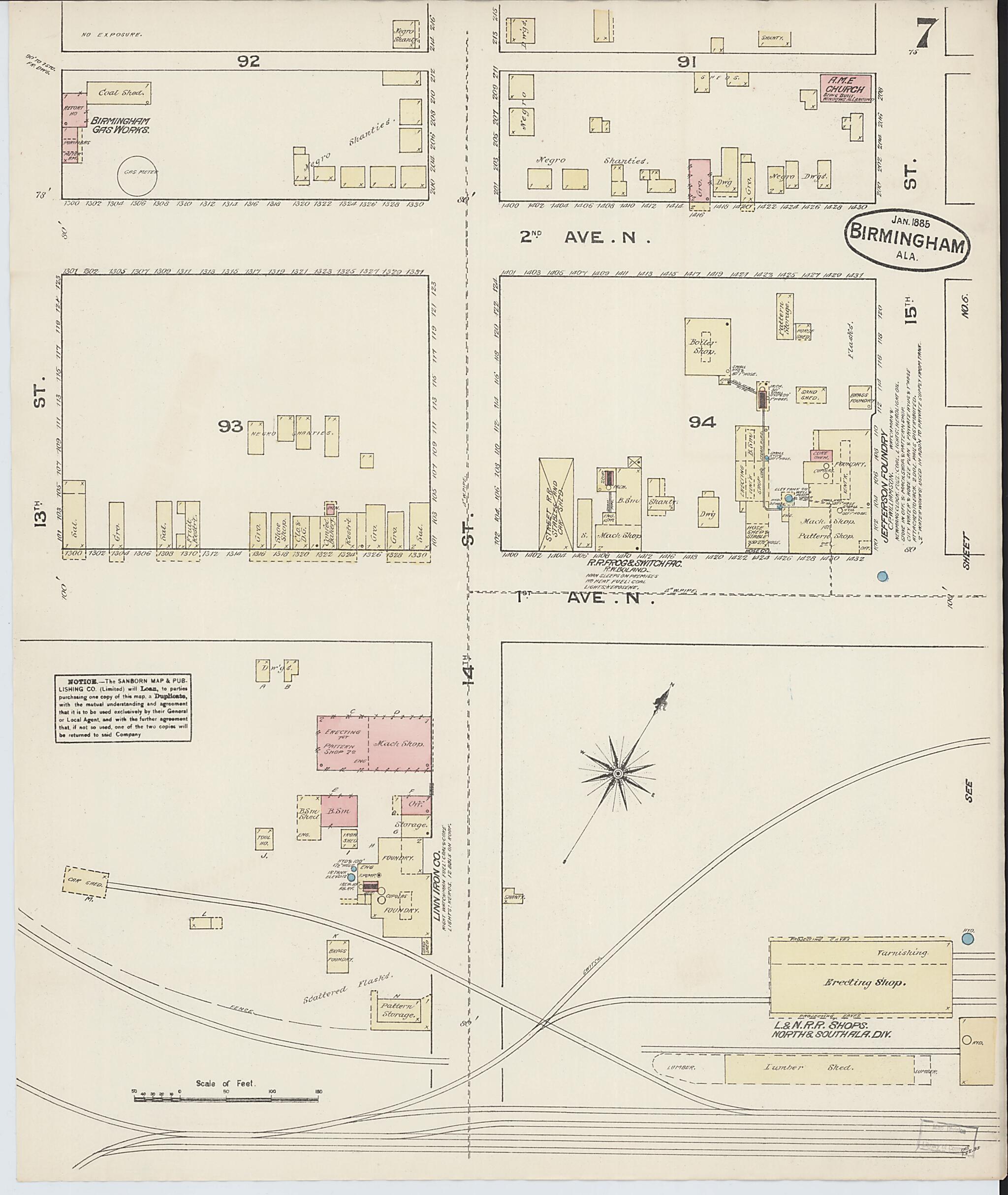 This old map of Birmingham, Jefferson County, Alabama was created by Sanborn Map Company in 1885