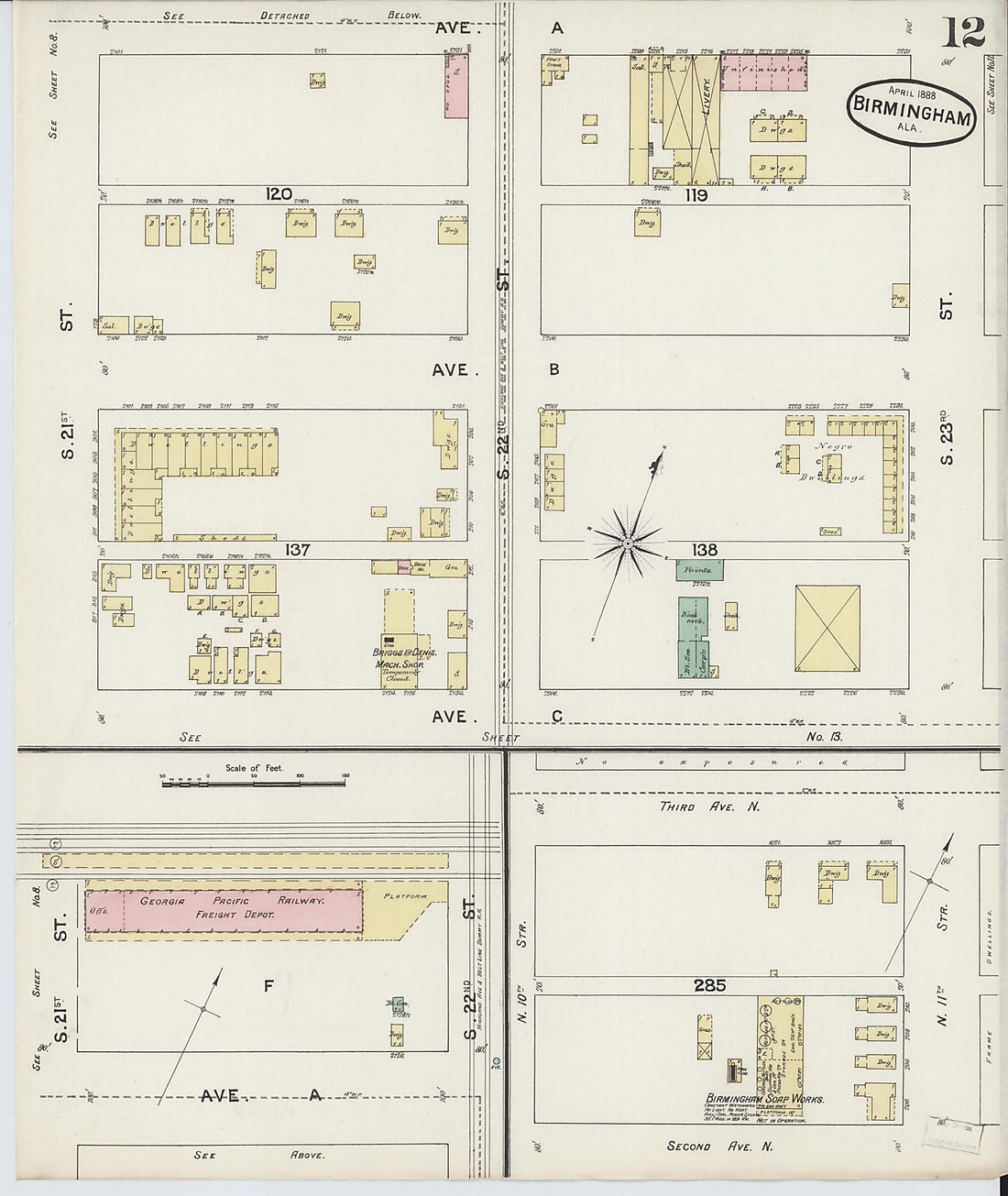 This old map of Birmingham, Jefferson County, Alabama was created by Sanborn Map Company in 1888