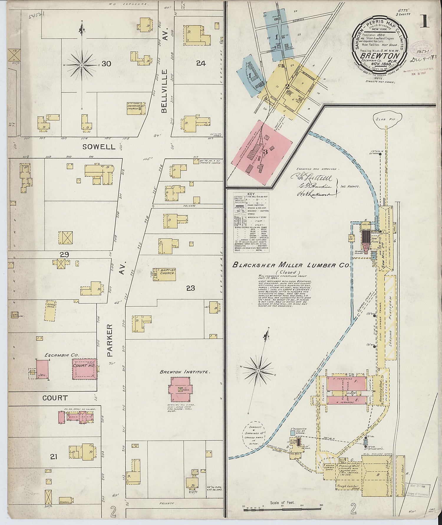 This old map of Brewton, Escambia County, Alabama was created by Sanborn Map Company in 1893