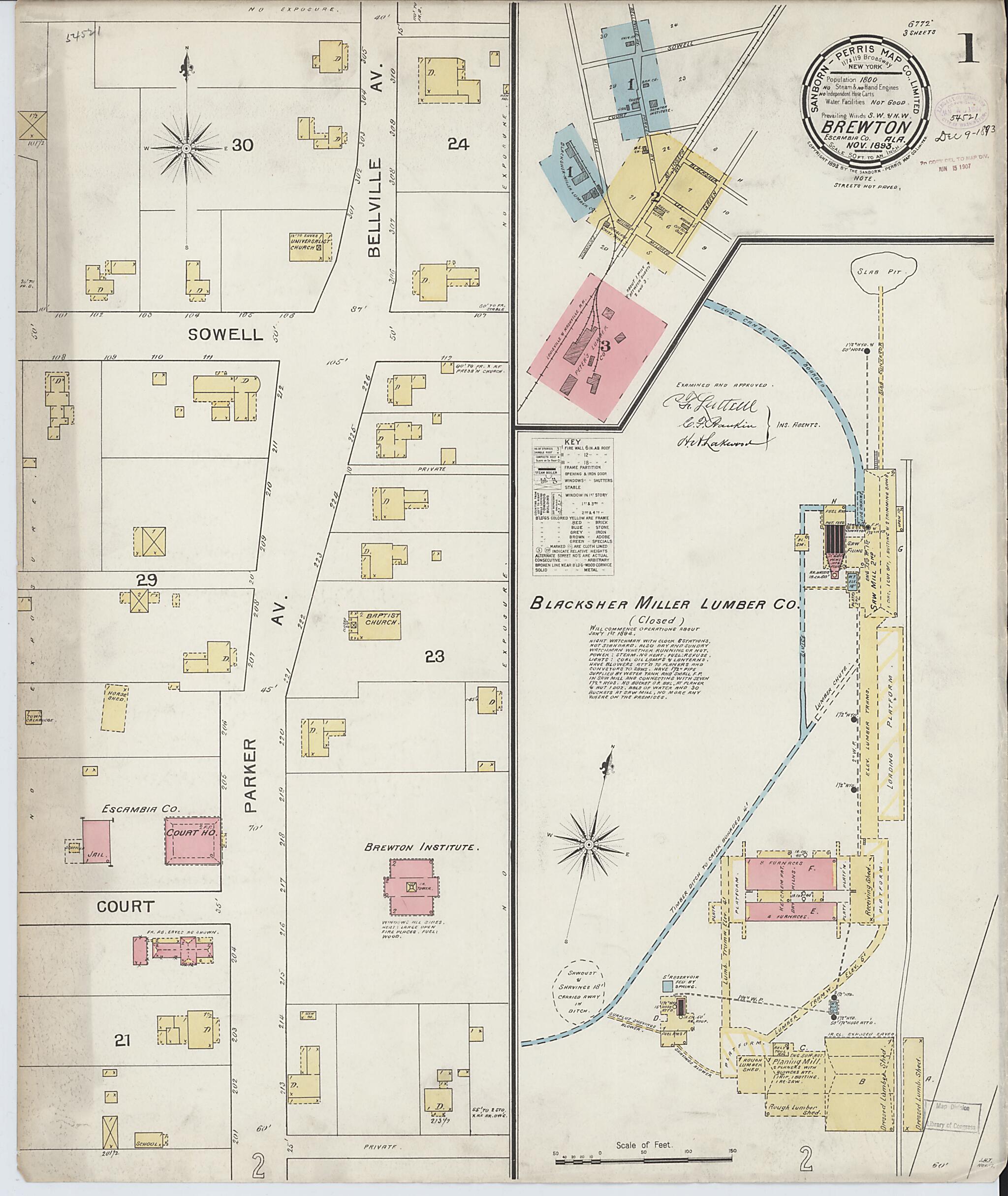 This old map of Brewton, Escambia County, Alabama was created by Sanborn Map Company in 1893