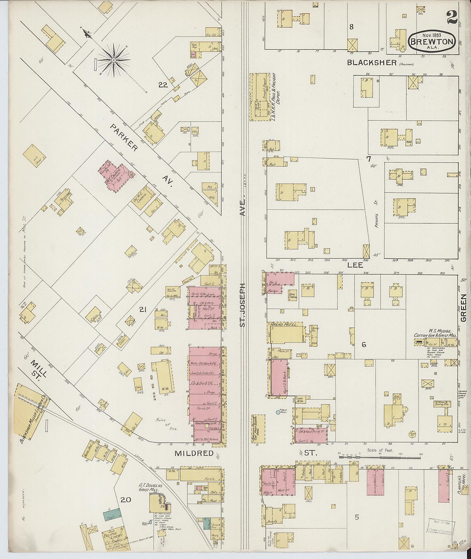 This old map of Brewton, Escambia County, Alabama was created by Sanborn Map Company in 1893