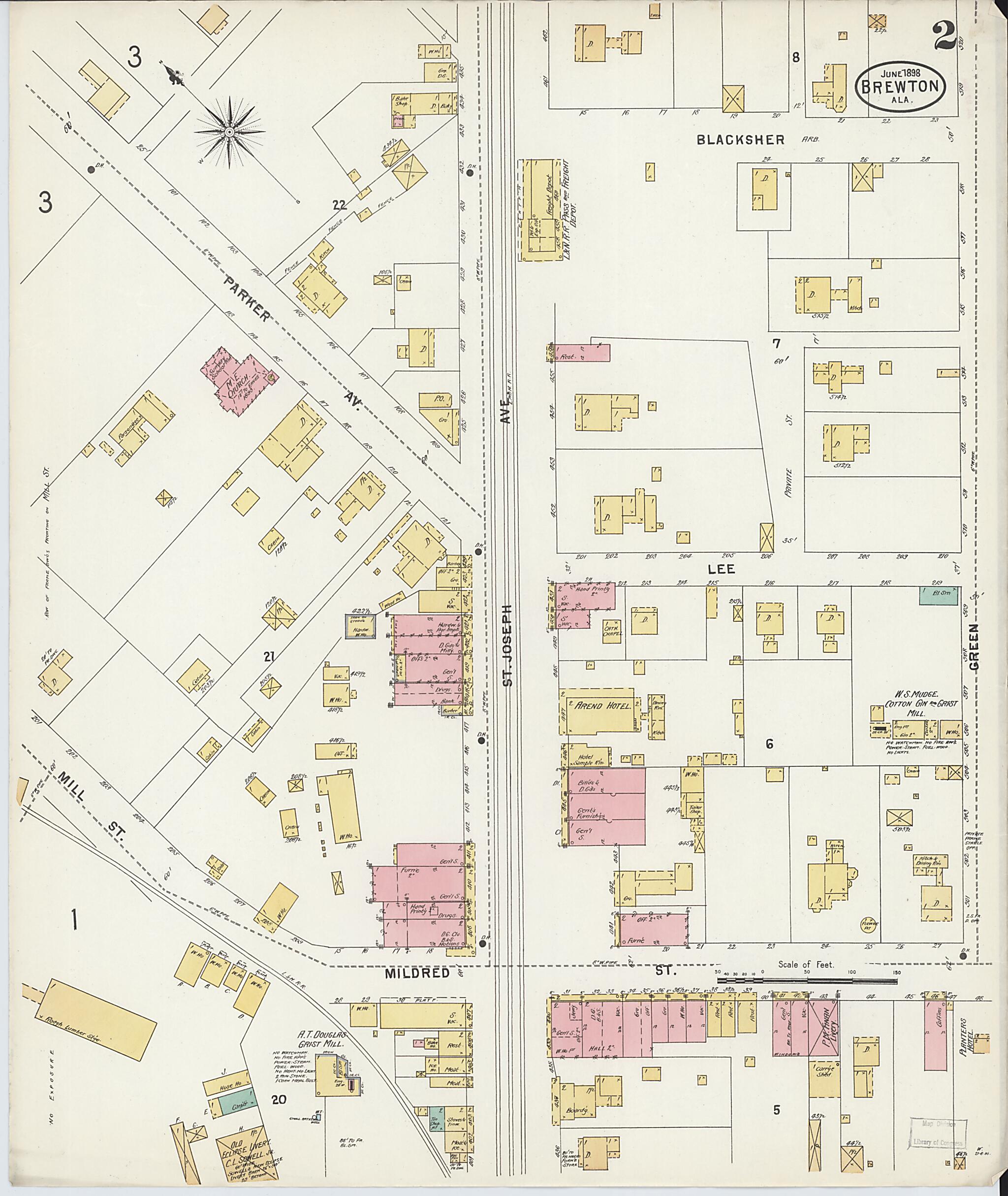 This old map of Brewton, Escambia County, Alabama was created by Sanborn Map Company in 1898