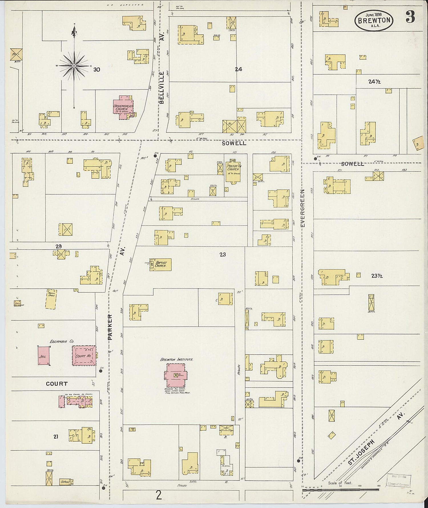 This old map of Brewton, Escambia County, Alabama was created by Sanborn Map Company in 1898