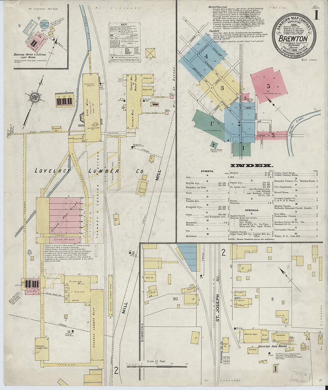 This old map of Brewton, Escambia County, Alabama was created by Sanborn Map Company in 1910