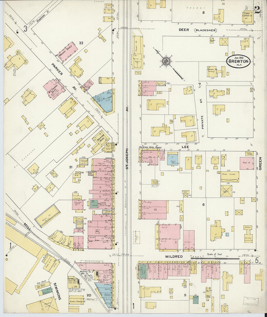 This old map of Brewton, Escambia County, Alabama was created by Sanborn Map Company in 1910