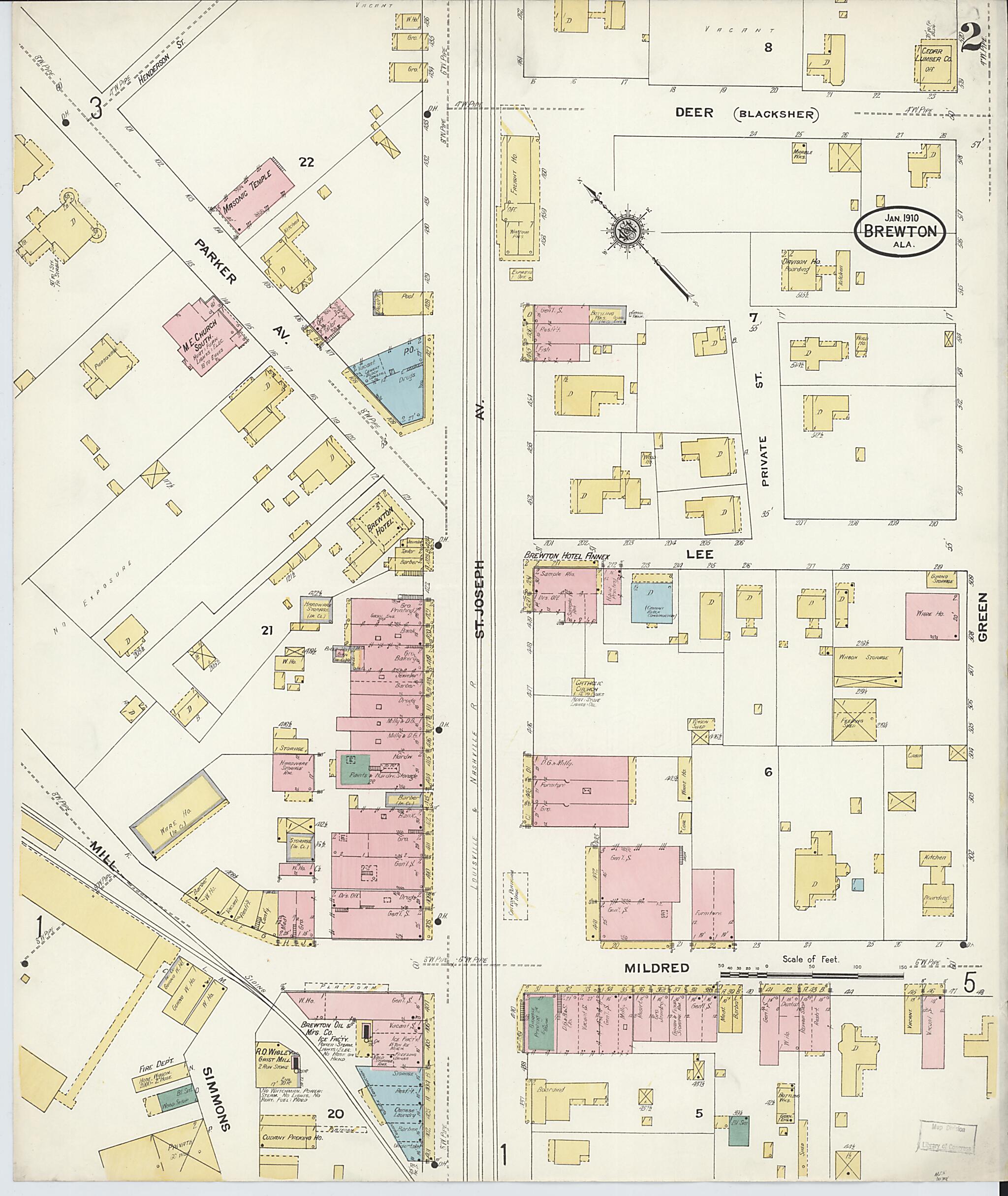 This old map of Brewton, Escambia County, Alabama was created by Sanborn Map Company in 1910