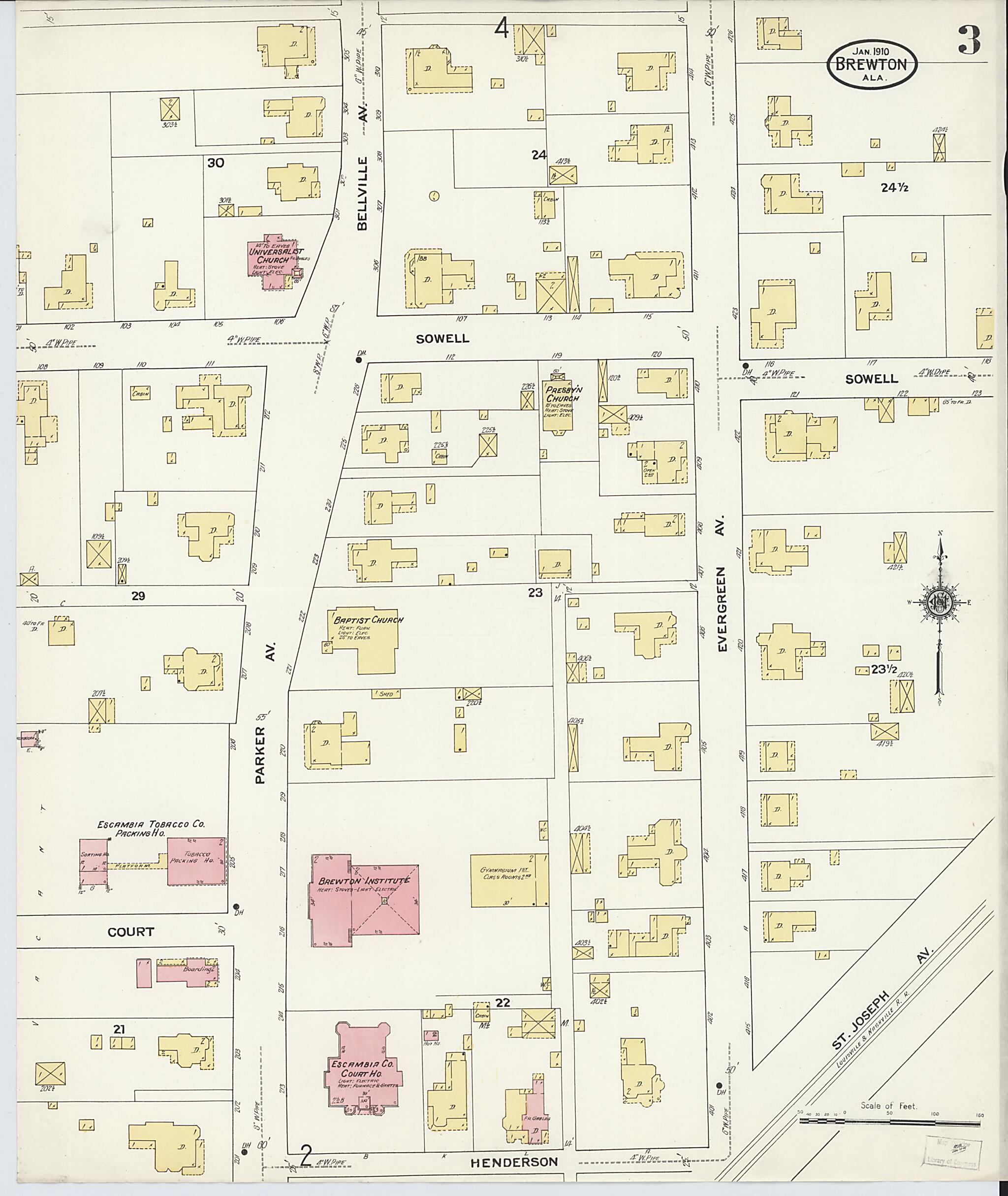 This old map of Brewton, Escambia County, Alabama was created by Sanborn Map Company in 1910