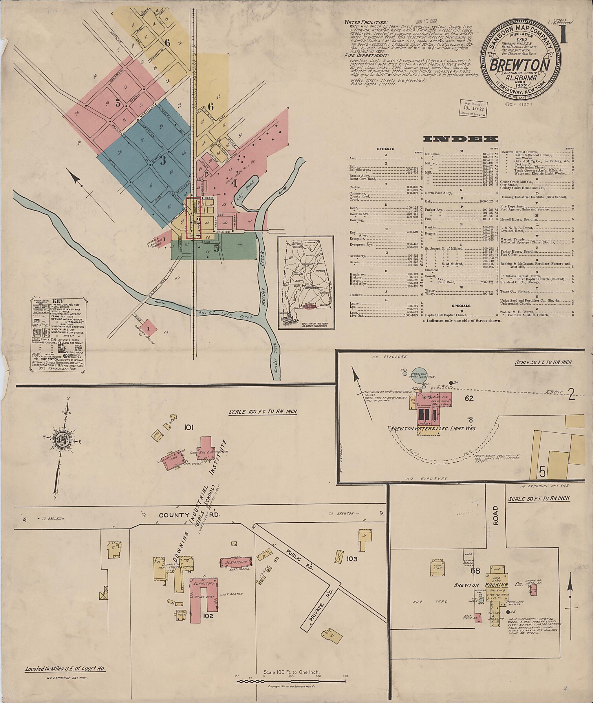 This old map of Brewton, Escambia County, Alabama was created by Sanborn Map Company in 1922