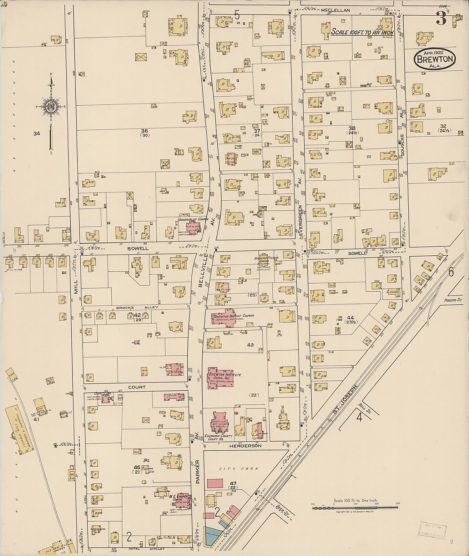 This old map of Brewton, Escambia County, Alabama was created by Sanborn Map Company in 1922