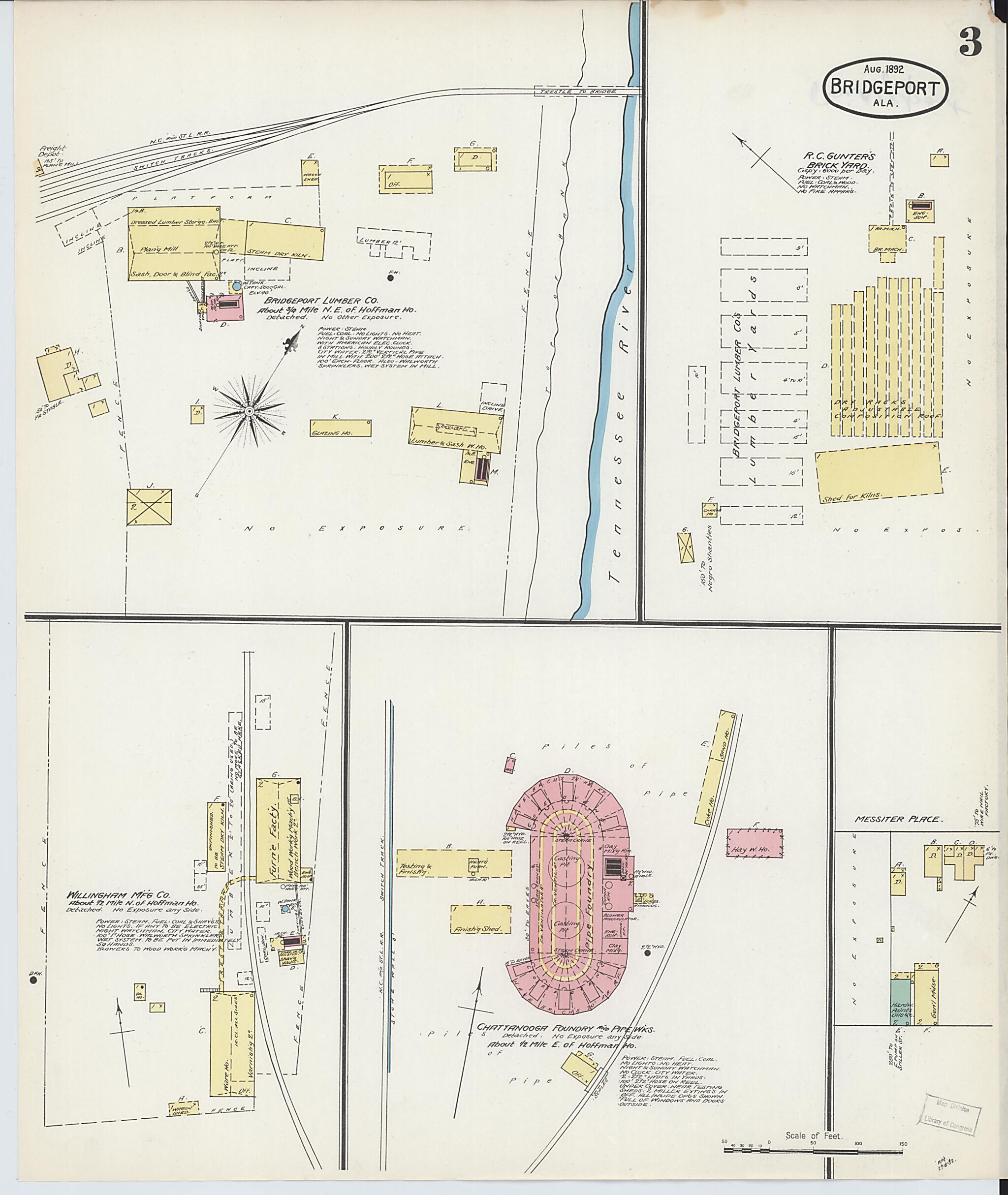 This old map of Bridgeport, Jackson County, Alabama was created by Sanborn Map Company in 1892