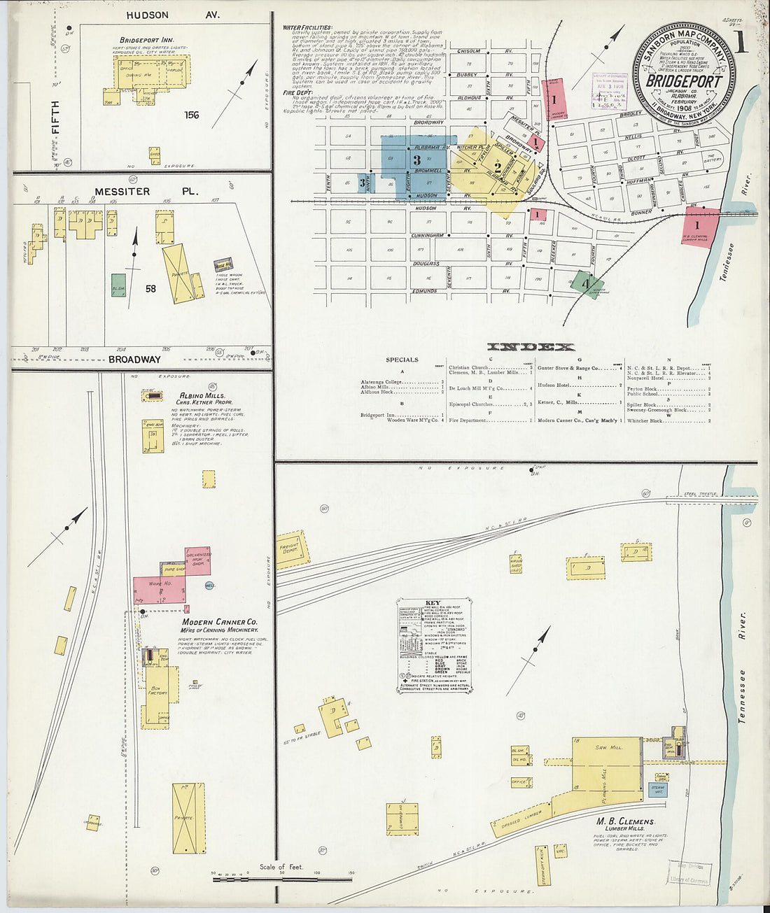 This old map of Bridgeport, Jackson County, Alabama was created by Sanborn Map Company in 1908